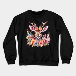 A deer decorated with beautiful watercolor flowers Crewneck Sweatshirt